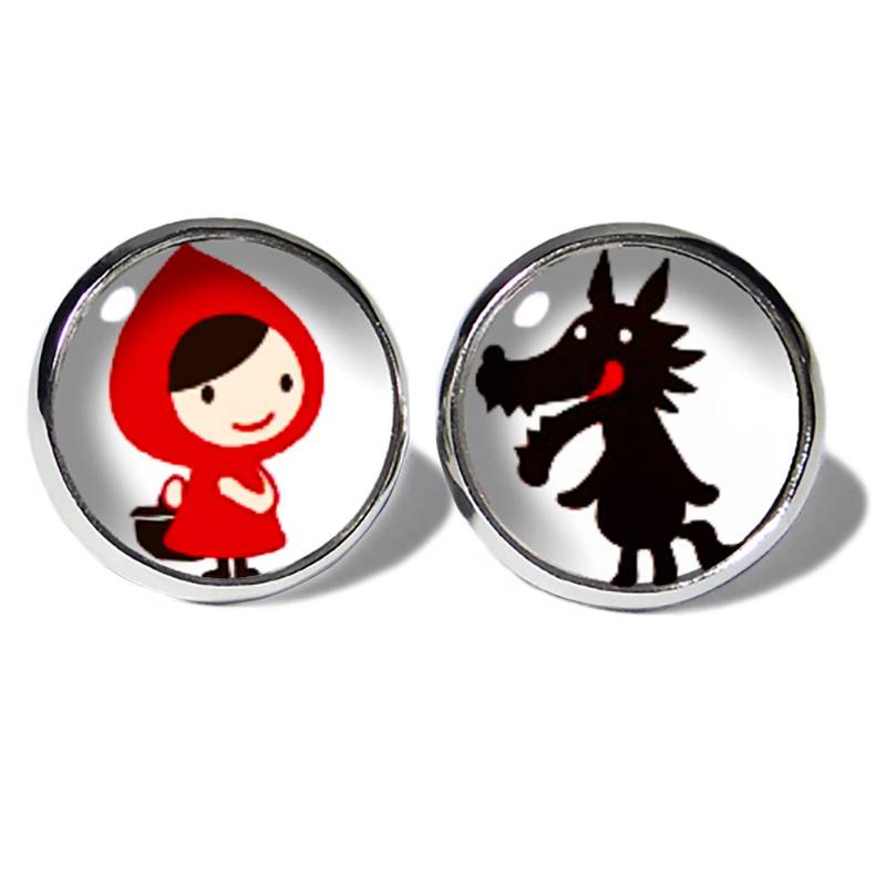 Edelstahl Ohrstecker Silber Motiv Rotkäppchen Wolf Abouki Handgefertigte Ohrringe Ohrschmuck Damen Kinder Märchen Comic Kawaii Geschenk-Idee von ABOUKI