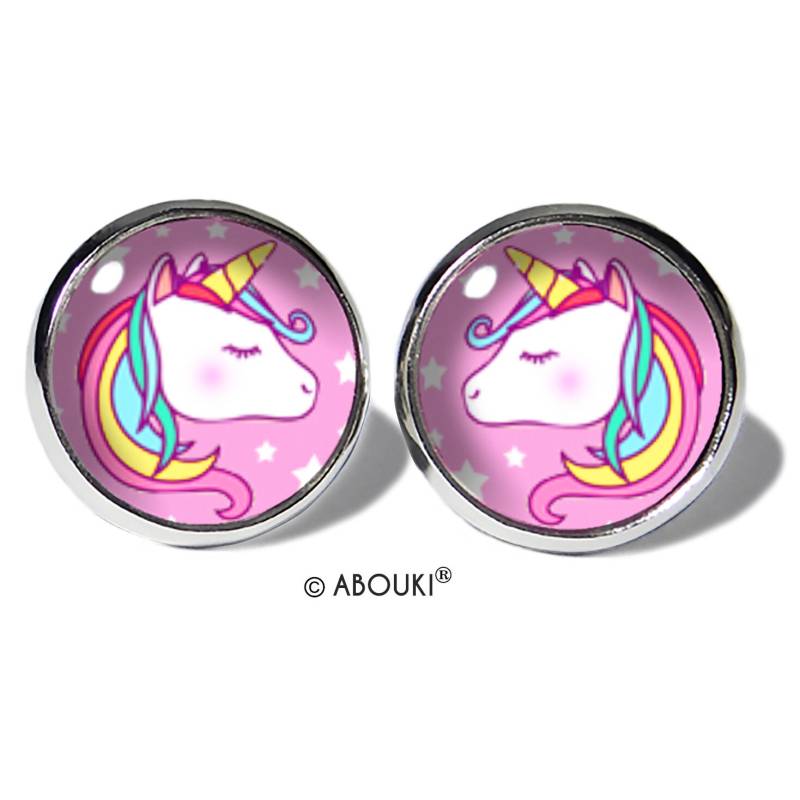 Einhorn Rosa Ohrstecker Edelstahl Abouki Damen Mädchen Kinder Ohrschmuck Handgefertigte Ohrringe Motiv Einhörner Sterne Kawaii Geschenk-Idee von ABOUKI