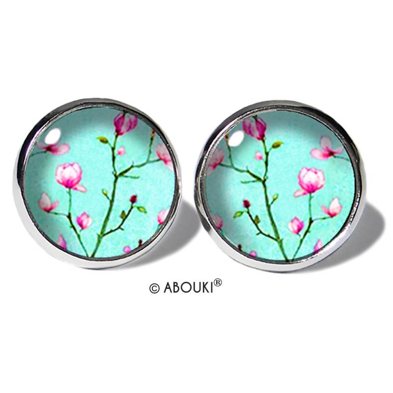 Magnolien Türkis Ohrstecker Edelstahl Abouki Damen Mädchen Kinder Ohrschmuck Handgefertigte Ohrringe Motiv Magnolien-Zweig Blüte Baum Natur von ABOUKI