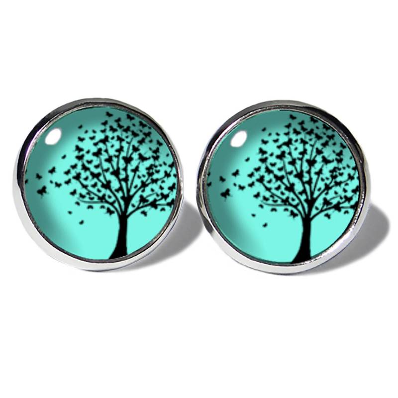 Schmetterlingsbaum Schwarz Türkis Ohrstecker Edelstahl Abouki Damen Mädchen Kinder Ohrschmuck Handgefertigte Ohrringe Motiv Baum Geschenk von ABOUKI