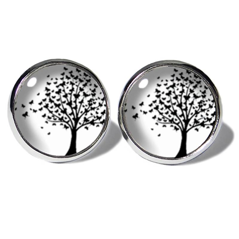 Schmetterlingsbaum Schwarz Weiß Cabochon Ohrstecker Ohrringe Edelstahl Damen Mädchen Handmade Ohrschmuck Geschenkidee Weihnachten Geburtstag von ABOUKI