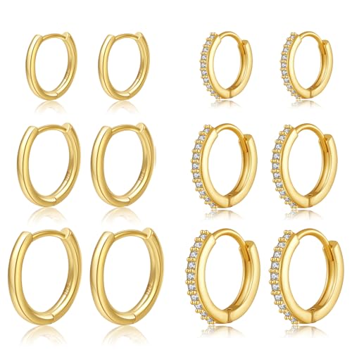ABPBA 14 Karat Gold Creolen - Hypoallergene Kleine Ohrringe für Damen - Knorpelschläfer Huggie Set für Mehrere Piercings - 6 Paar von ABPBA