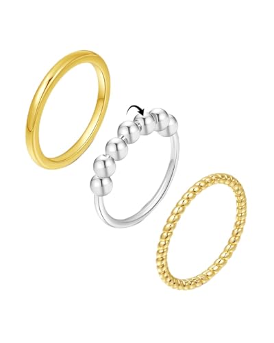 ABPBA 3 Stück Ringe Gold Damen mit Fidget Spinner Ring, Anxiety Ring für Damen Anti Stress Rings Gold & Silber Stapelringe Set gegen Angst von ABPBA