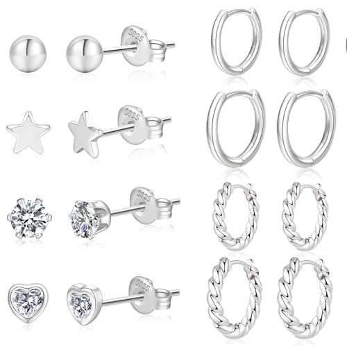 ABPBA 8paar Ohrringe Silber 925 Set für Damen Ohrstecker Silber 925 Hypoallergen Creolen Silber 925 Kleine mit Zirkonia kleine Schlaf-Ohrstecker für mehrere Piercings von ABPBA