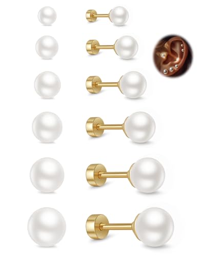ABPBA Kleine Perlen Ohrringe für Damen, 6 Paar Hypoallergene Gold Flatback Perlen Ohrstecker Set 4-9MM, Chirurgische Edelstahl Perlenohrstecker für Mehrfach Piercing von ABPBA