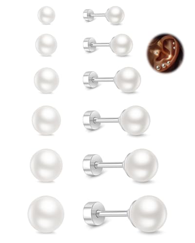ABPBA Kleine Perlen Ohrringe für Damen, 6 Paar Hypoallergene Silber Flatback Perlen Ohrstecker Set 4-9MM, Chirurgische Edelstahl Perlenohrstecker für Mehrfach Piercing von ABPBA