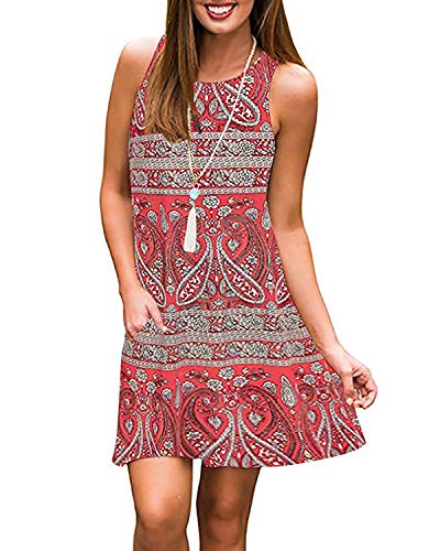 ABRAVO Sommerkleid Damen T-Shirt Kleider Casual Lose Tunika Kurzarm Boho Ärmellos Blumen Strand Kleider mit Taschen (2XL=EU 42-44, Rot-2) von ABYOVRT