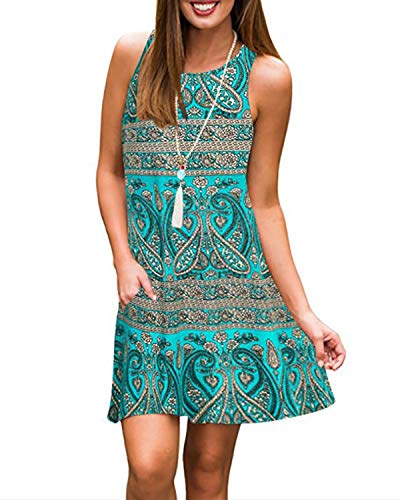 ABRAVO Sommerkleid Damen T-Shirt Kleider Casual Lose Tunika Kurzarm Boho Ärmellos Blumen Strand Kleider mit Taschen (XL=EU 40-42, Grün) von ABYOVRT