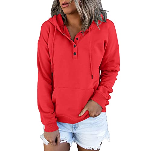 ABRTJCL Kapuzenpullover Damen Knopfleiste Hoodie Pullover Langarm Herbst Winter Sweatshirt Oberteil Pulli Pullover Damen Kapuzenpullover Hoodie Sweatpullover Damen Große Größen Rot L von ABRTJCL