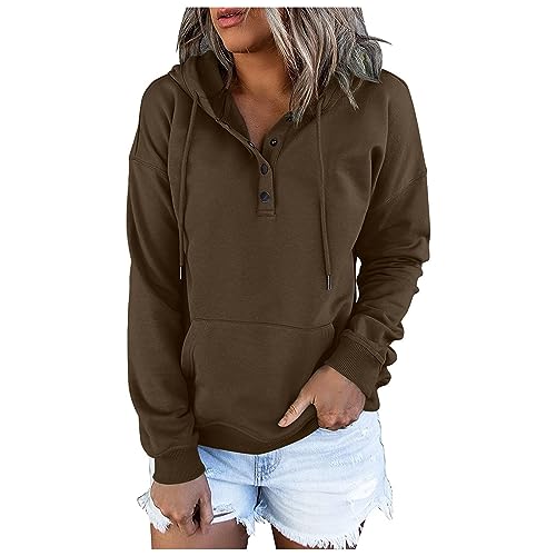 ABRTJCL Kapuzenpullover Damen Knopfleiste Hoodie Pullover Langarm Herbst Winter Sweatshirt Oberteil Pulli Pullover Damen Kapuzenpullover Hoodie Sweatpullover Damen Große Größen braun XXL von ABRTJCL