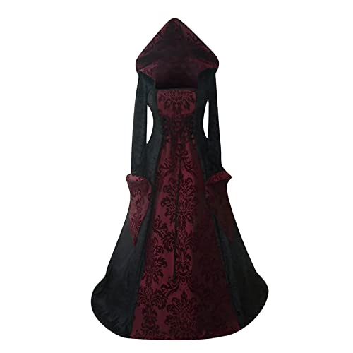 ABRTJCL Mittelalter Kleidung Damen Gothic Kleid Damen Lang mit Kapuze Übergröße Vintage Trompetenärmel Maxikleider Renaissance Party Festlich Cosplay Kleid Karneval Halloween Kostüm Rot 4XL von ABRTJCL