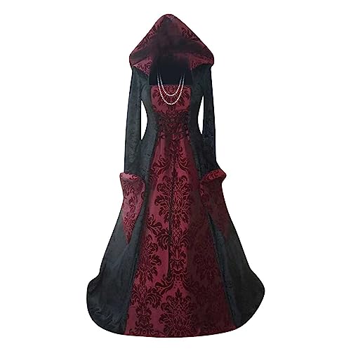 ABRTJCL Mittelalter Kleidung Damen Gothic Kleid Damen Lang mit Kapuze Übergröße Vintage Trompetenärmel Maxikleider Renaissance Party Festlich Cosplay Kleid Karneval Halloween Kostüm Rot S von ABRTJCL