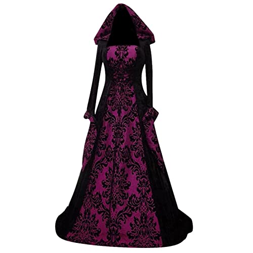 ABRTJCL Mittelalter Kleidung Damen Gothic Kleid Damen Lang mit Kapuze Übergröße Vintage Trompetenärmel Maxikleider Renaissance Party Festlich Cosplay Kleid Karneval Halloween Kostüm Violett 5XL von ABRTJCL