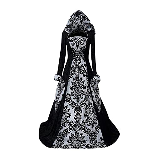 ABRTJCL Mittelalter Kleidung Damen Gothic Kleid Damen Lang mit Kapuze Übergröße Vintage Trompetenärmel Maxikleider Renaissance Party Festlich Cosplay Kleid Karneval Halloween Kostüm Weiß 5XL von ABRTJCL