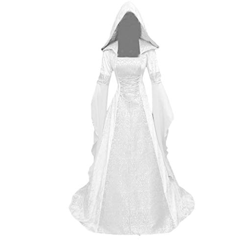 ABRTJCL Mittelalter Kleidung Damen Gothic Kleid Damen Lang mit Kapuze Übergröße Vintage Trompetenärmel Maxikleider Renaissance Party Festlich Cosplay Kleid Karneval Halloween Kostüm Weiß M von ABRTJCL