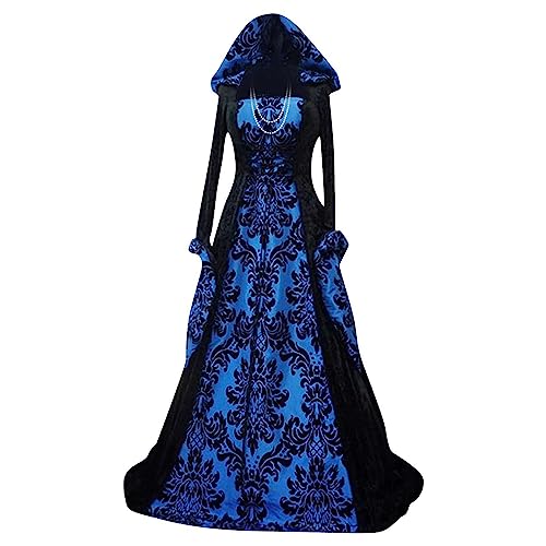 ABRTJCL Mittelalter Kleidung Damen Gothic Kleid Damen Lang mit Kapuze Übergröße Vintage Trompetenärmel Maxikleider Renaissance Party Festlich Cosplay Kleid Karneval Halloween Kostüm blau 5XL von ABRTJCL