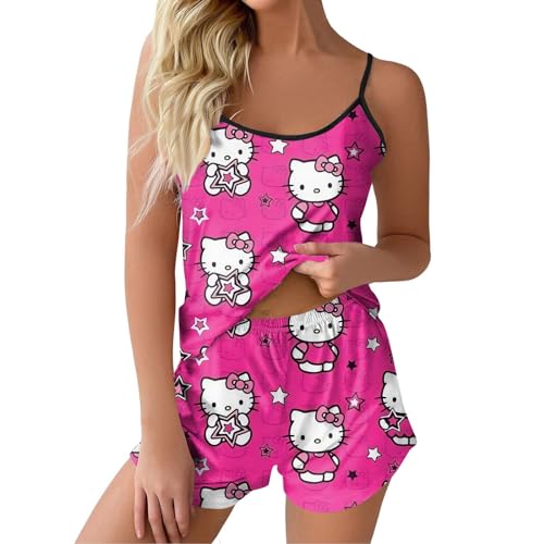 ABRTJCL Schlafanzüge für Damen Schlafanzug Damen Kurzarm Set Schlafanzug Damen Kurz Set träger Süßer Schlafanzug Damen Kurz Kuschel Pyjama Anime Schlafanzug Rosa M von ABRTJCL