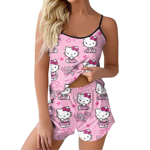 ABRTJCL Schlafanzüge für Damen Schlafanzug Damen Kurzarm Set Schlafanzug Damen Kurz Set träger Süßer Schlafanzug Damen Kurz Kuschel Pyjama Anime Schlafanzug Rosa S von ABRTJCL