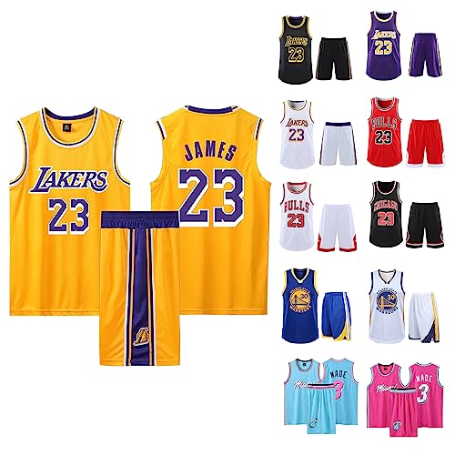 Basketball Trikot Shirt und Shorts Kinder/Erwachsene 2023/2024, 2-Teiliges Basketball ärmellose Anzug Kinder/Erwachsene, Basketball T-Shirt Weste + Shorts Kinder/Erwachsene Gelb XXL von ABRTJCL