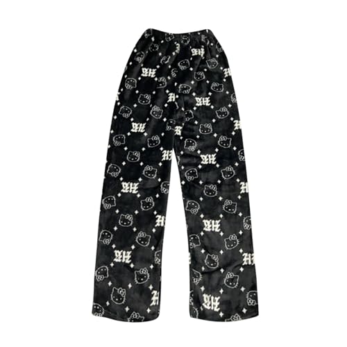 Schlafanzug Damen Hosen Lang Flanell Pyjama Hose Damen Schlafhose Weich Kawaii Pyjamas Bequeme Winter Schlafanzughose Kuschelhose Damen Flauschig Warme Hose Damen Schwarz 2XL von ABRTJCL