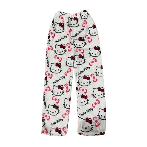 Schlafanzug Damen Hosen Lang Flanell Pyjama Hose Damen Schlafhose Weich Kawaii Pyjamas Bequeme Winter Schlafanzughose Kuschelhose Damen Flauschig Warme Hose Damen Weiß L von ABRTJCL