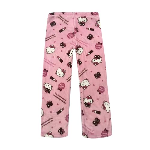 Schlafanzug Damen Hosen Lang Flanell Pyjama Hose Damen Schlafhose Weich Kawaii Pyjamas Bequeme Winter Schlafanzughose Kuschelhose Damen Flauschig Warme Hose Damen pink 2XL von ABRTJCL