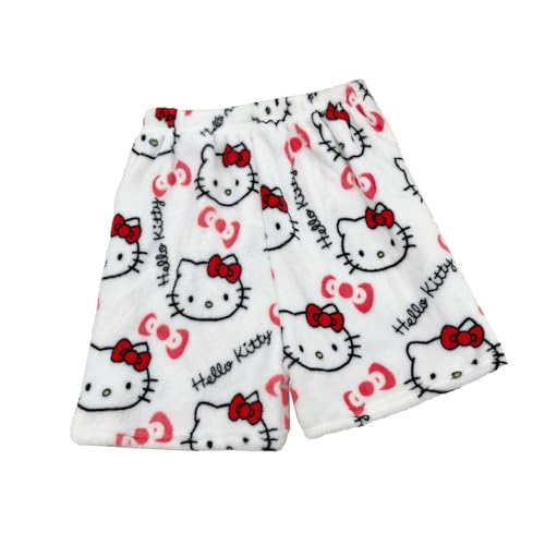 Schlafhose Kurz Damen Schlafanzug Cartoon Katze Flanell Schlafanzughose Kawaii Pyjamahose Weich Schlafanzughosen Sommer Anime Schlafhose Flanell Schlafanzughosen für Damen Rot M von ABRTJCL