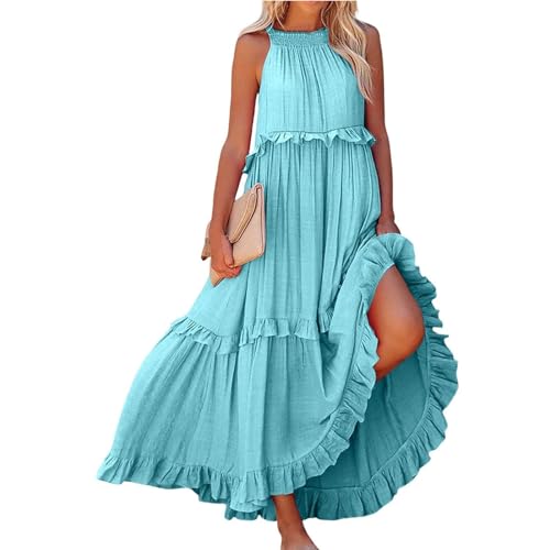 Sommerkleid Damen Cocktailkleid Damen Unregelmäßiger Kuchen Freizeitkleid Ärmellos A-Linien Strandkleider Sommer Blau von ABRTJCL