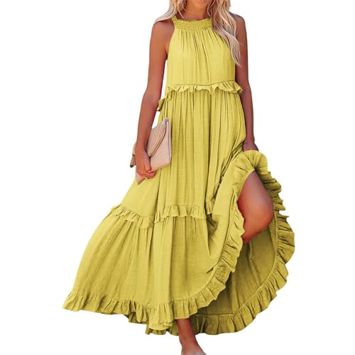 Sommerkleid Damen Cocktailkleid Damen Unregelmäßiger Kuchen Freizeitkleid Ärmellos A-Linien Strandkleider Sommer Gelb von ABRTJCL