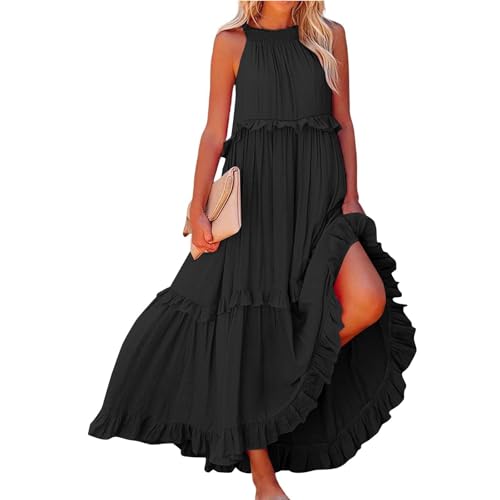 Sommerkleid Damen Cocktailkleid Damen Unregelmäßiger Kuchen Freizeitkleid Ärmellos A-Linien Strandkleider Sommer Schwarz von ABRTJCL