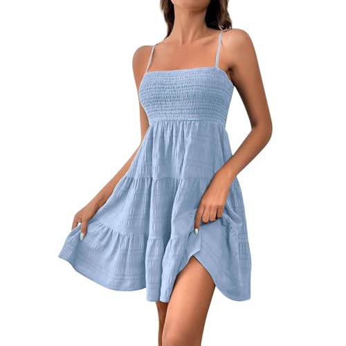 Sommerkleid Damen Kuerz Spaghettiträger Freizeitkleid Sommer Leichte Strandkleid Lässig Ärmellos Hohe Taille A-Linie Minikleid blau S von ABRTJCL
