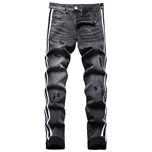 ABSECAI Herren Zerrissene Jeans Slim Fit Skinny Stretch Jeans Hose, Schwarz mit Streifen, 54 von ABSECAI