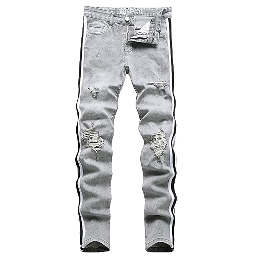 ABSECAI Herren Zerrissene Jeans Slim Fit Skinny Stretch Jeans Hose, grau gestreift, 48 von ABSECAI