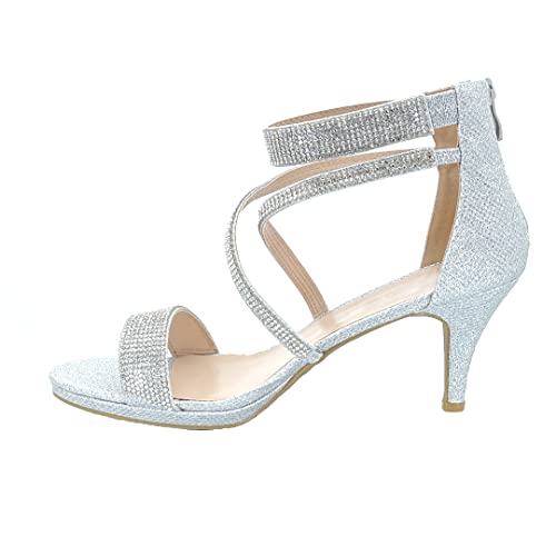 ABSOLEX Damen Cross Riemchen Open Toe Glitzer Strass Dressy/Party/Hochzeit Mid Pump Heel Sandal, Silber-104, 38 EU von ABSOLEX