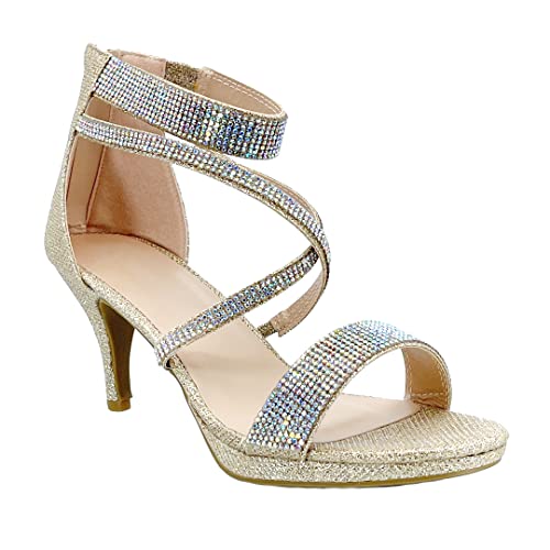 ABSOLEX Damen Cross Riemchen Open Toe Glitzer Strass Dressy/Party/Hochzeit Mid Pump Heel Sandal, champagnerfarben, 40.5 EU von ABSOLEX
