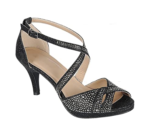 ABSOLEX Damen Cross Riemchen Open Toe Glitzer Strass Dressy/Party/Hochzeit Mid Pump Heel Sandal, schwarz, 40.5 EU von ABSOLEX