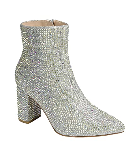 ABSOLEX Damen-Stiefeletten mit spitzem Zehenbereich, Strass, mittelhoher Absatz, silber, 40.5 EU von ABSOLEX