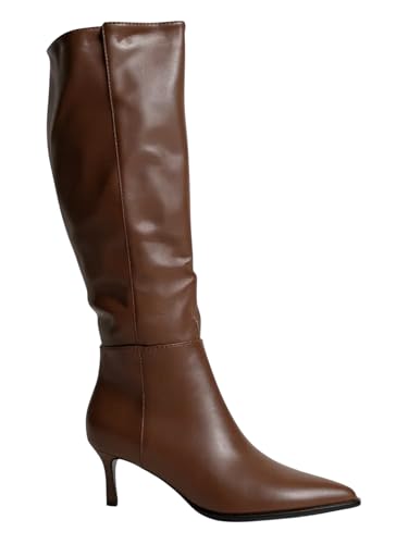 Modische Damen-Stiefel mit spitzem Zehenbereich und seitlichem Reißverschluss, kniehohe Kätzchenabsatz-Stiefel, Braun PU, 39 EU von ABSOLEX