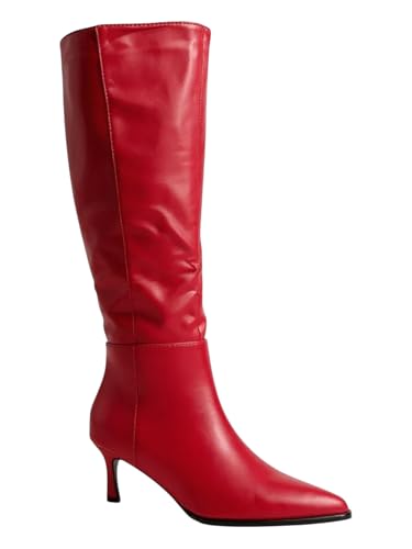 Modische Damen-Stiefel mit spitzem Zehenbereich und seitlichem Reißverschluss, kniehohe Kätzchenabsatz-Stiefel, Rot PU, 38 EU von ABSOLEX