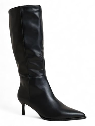 Modische Damen-Stiefel mit spitzem Zehenbereich und seitlichem Reißverschluss, kniehohe Kätzchenabsatz-Stiefel, Schwarz (Black Pu), 39.5 EU von ABSOLEX