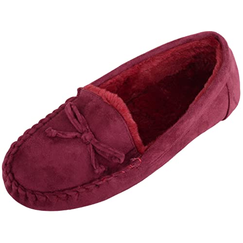 ABSOLUTE FOOTWEAR Damen-Mokassin-Hausschuhe mit weicher Schleife, mit Kunstfell gefüttert, burgunderfarben, 38 EU von ABSOLUTE FOOTWEAR