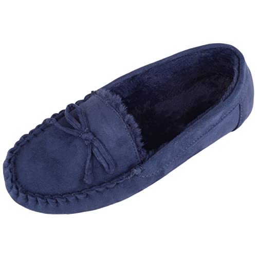 ABSOLUTE FOOTWEAR Damen-Mokassin-Hausschuhe mit weicher Schleife, mit Kunstfell gefüttert, navy, 41 EU von ABSOLUTE FOOTWEAR