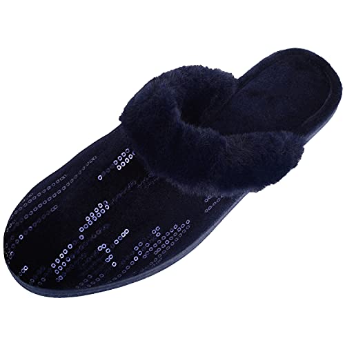 ABSOLUTE FOOTWEAR Damen Slipper, offener Rücken, Pailletten, Kunstfell, Memory-Schaum, Pantoffeln, Navy, 38 EU von ABSOLUTE FOOTWEAR