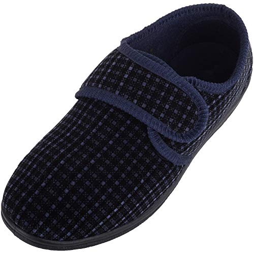 ABSOLUTE FOOTWEAR Herren Slipper, Velours-Optik, kariert, mit Klettverschluss, Blau - Navy - Größe: 42 1/3 EU von ABSOLUTE FOOTWEAR