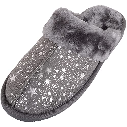 ABSOLUTE FOOTWEAR Pantoffeln für Kinder, Mädchen, Schlupfschuh, offener Rücken, Kunstfell, Pantoffeln mit Stern-Design, dunkelgrau, 36 2/3 EU von ABSOLUTE FOOTWEAR