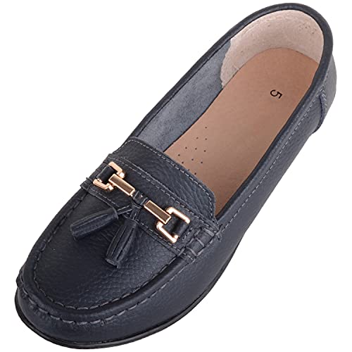 Damen Schlupfschuhe Leder Loafer/Deck/Bootsschuhe/Sandalen, Navy, 38 EU von ABSOLUTE FOOTWEAR