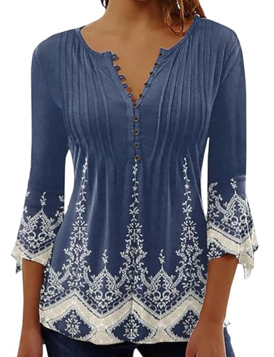 ABYOVRT Tunika Damen Elegant V-Ausschnitt 3/4 Arm Bluse Tops Locker Blumen Oberteile Henley Longshirt Lässige T-Shirt Langarm Hemd,Blau-2,M von ABYOVRT