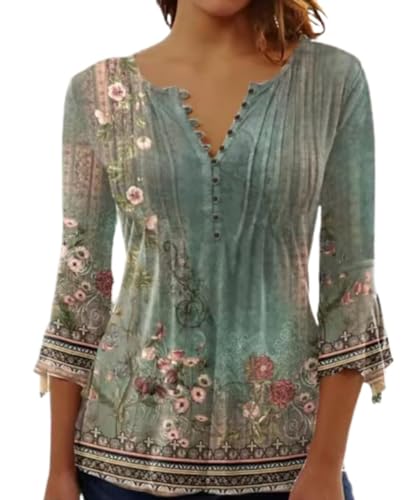 ABYOVRT Tunika Damen Elegant V-Ausschnitt 3/4 Arm Bluse Tops Locker Blumen Oberteile Henley Longshirt Lässige T-Shirt Langarm Hemd,Grün,S von ABYOVRT