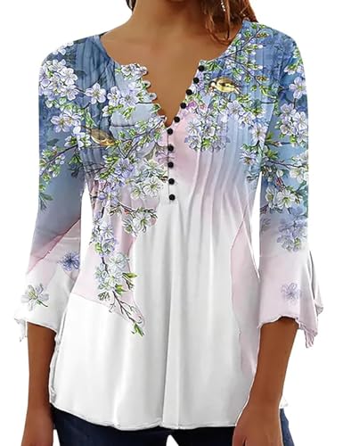 ABYOVRT Tunika Damen Elegant V-Ausschnitt 3/4 Arm Bluse Tops Locker Blumen Oberteile Henley Longshirt Lässige T-Shirt Langarm Hemd,Weiß-2,L von ABYOVRT