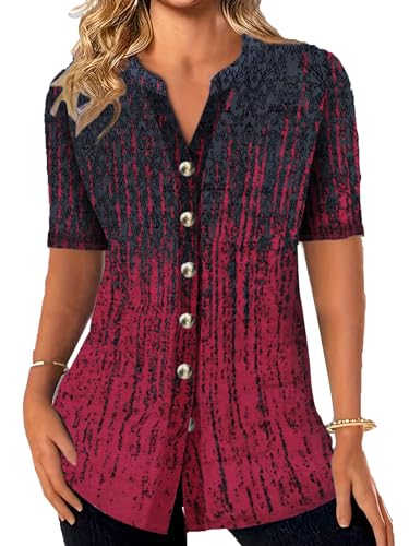 ABYOVRT Bluse Damen Kurzarm Tshirts Tunika Oberteile Bedruckte Casual Langarmshirt Tops Lose Elegant Lässige Hemd,Rot Schwarz,L von ABYOVRT